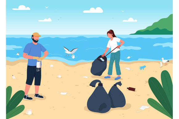 Cleaning Beach from Covid Rubbish Graphics